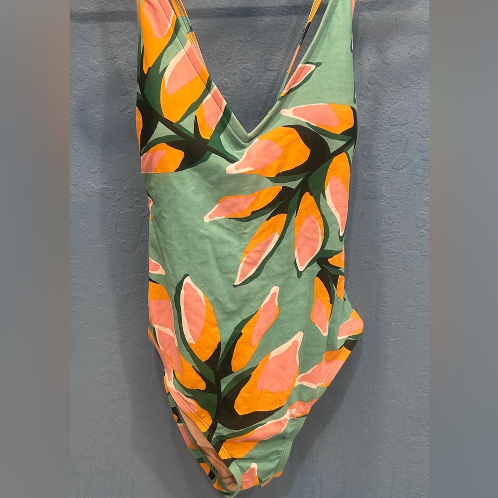 Green Floral One-Piece Swimsuit with Pink & Orange Accents